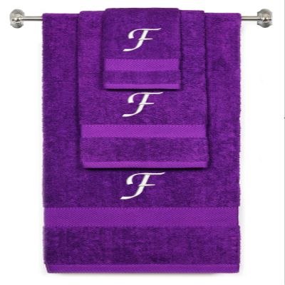 BY LORA Custom Embroidered Terry Cotton Ring Spun Bath Towel, Hand Towel and Washcloth Set - Purple Towel Set, White Chancery Initial F