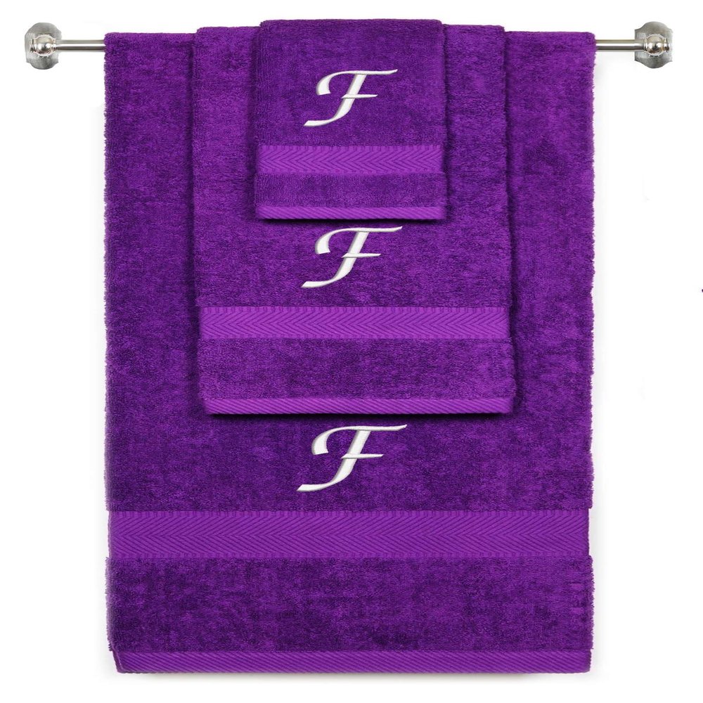 BY LORA Custom Embroidered Terry Cotton Ring Spun Bath Towel, Hand Towel and Washcloth Set - Purple Towel Set, White Chancery Initial F