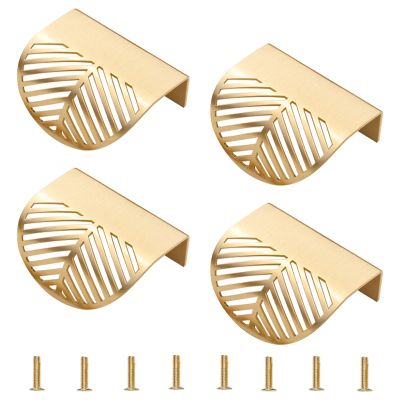 Solid Brass Cabinet Handles, 4pcs Leaf Shaped Cabinet Pulls, Decorative Furniture Handles with Mounting Screws for Cupboard Cabinet Wardrobe Drawer (Color : Gold, Size : 4)