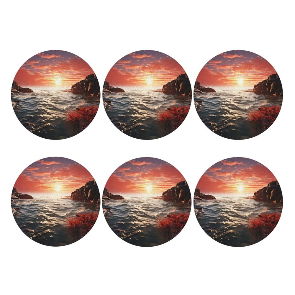 6Pcs Drink Coasters for Drinks Tabletop Protection, Red Beach Reef Leather Coaster for Kinds of Cups, Absorbent Cup Coaster for Coffee Table Home Decor 4" Cup Mat Pad