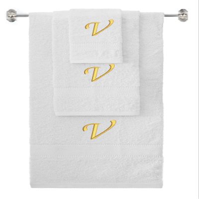BY LORA Custom Embroidered Terry Cotton Ring Spun Bath Towel, Hand Towel and Washcloth Set - White Towel Set, Gold Chancery Initial V