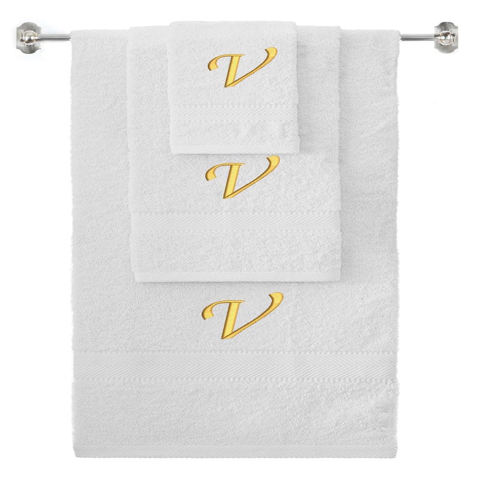 BY LORA Custom Embroidered Terry Cotton Ring Spun Bath Towel, Hand Towel and Washcloth Set - White Towel Set, Gold Chancery Initial V
