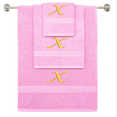 BY LORA Custom Embroidered Terry Cotton Ring Spun Bath Towel, Hand Towel and Washcloth Set - Pink Towel Set, Gold Chancery Initial X