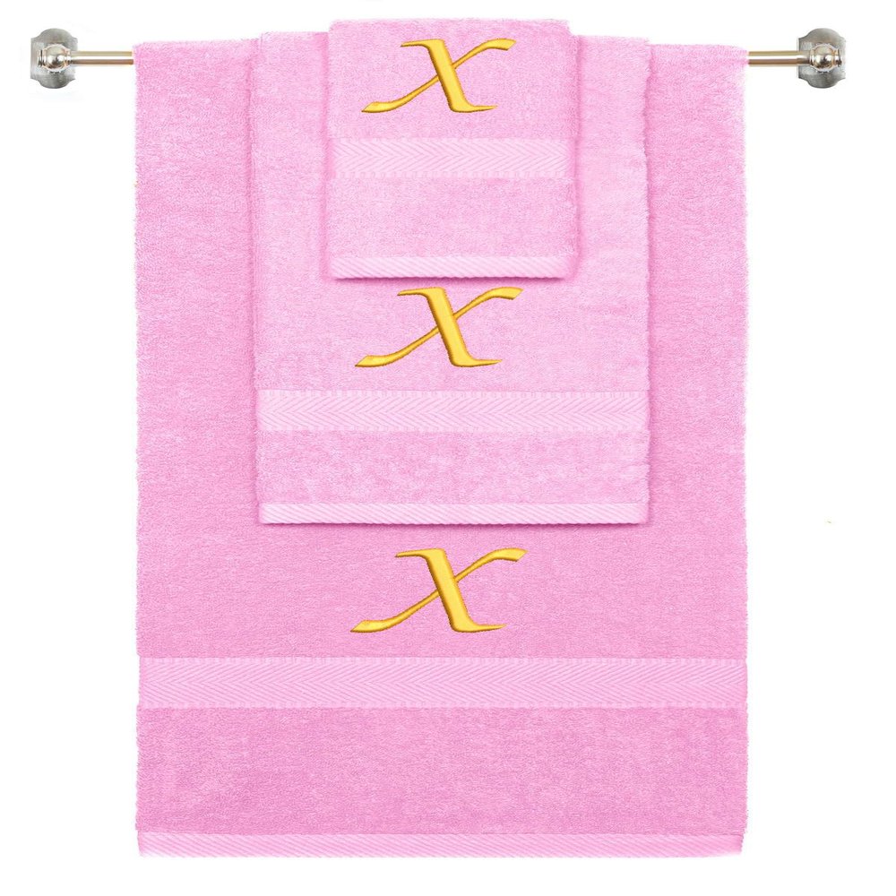 BY LORA Custom Embroidered Terry Cotton Ring Spun Bath Towel, Hand Towel and Washcloth Set - Pink Towel Set, Gold Chancery Initial X