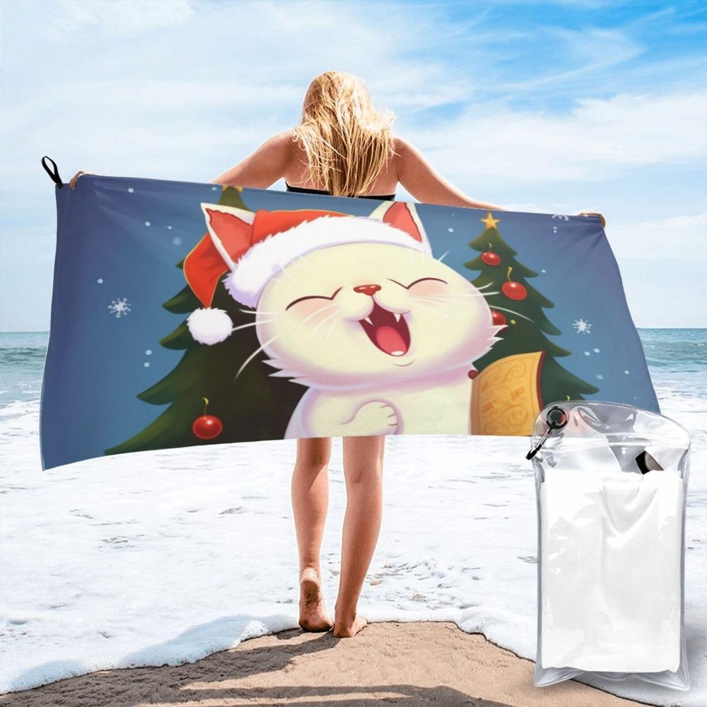NONHAI Beach Towel Cute Cat Sing Christmas Carols Microfiber Bath Towels Quick Dry Towel for Swimmers Sand Proof Beach Towels Absorbent Bathroom Towel for Hotel Gym Spa Yoga Bath Towel 27.5"x55"