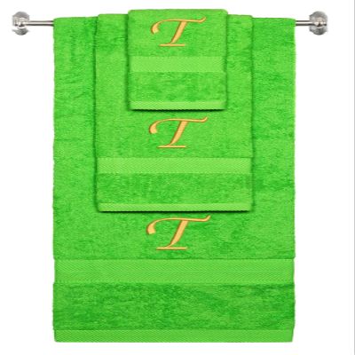 BY LORA Custom Embroidered Terry Cotton Ring Spun Bath Towel, Hand Towel and Washcloth Set - Lime Green Towel Set, Gold Chancery Initial T