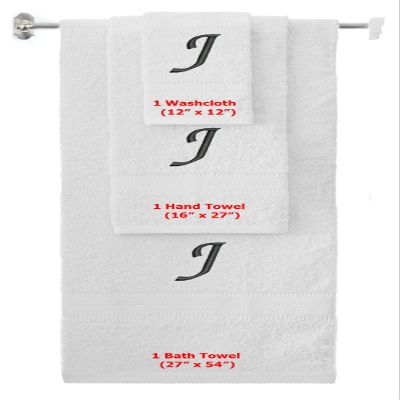 BY LORA Custom Embroidered Terry Cotton Ring Spun Bath Towel, Hand Towel and Washcloth Set - White Towel Set, Black Chancery Initial J