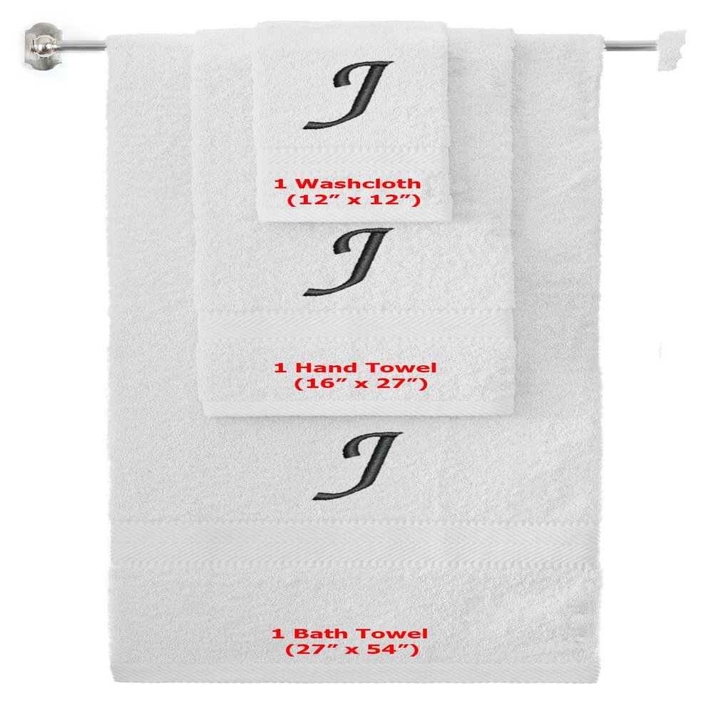 BY LORA Custom Embroidered Terry Cotton Ring Spun Bath Towel, Hand Towel and Washcloth Set - White Towel Set, Black Chancery Initial J