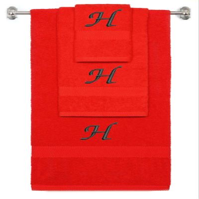 BY LORA Custom Embroidered Terry Cotton Ring Spun Bath Towel, Hand Towel and Washcloth Set - Red Towel Set, Black Chancery Initial H