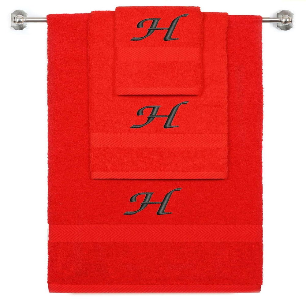BY LORA Custom Embroidered Terry Cotton Ring Spun Bath Towel, Hand Towel and Washcloth Set - Red Towel Set, Black Chancery Initial H