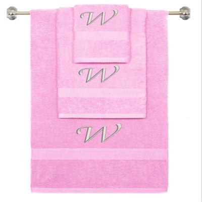 BY LORA Custom Embroidered Terry Cotton Ring Spun Bath Towel, Hand Towel and Washcloth Set - Pink Towel Set, Silver Chancery Initial W