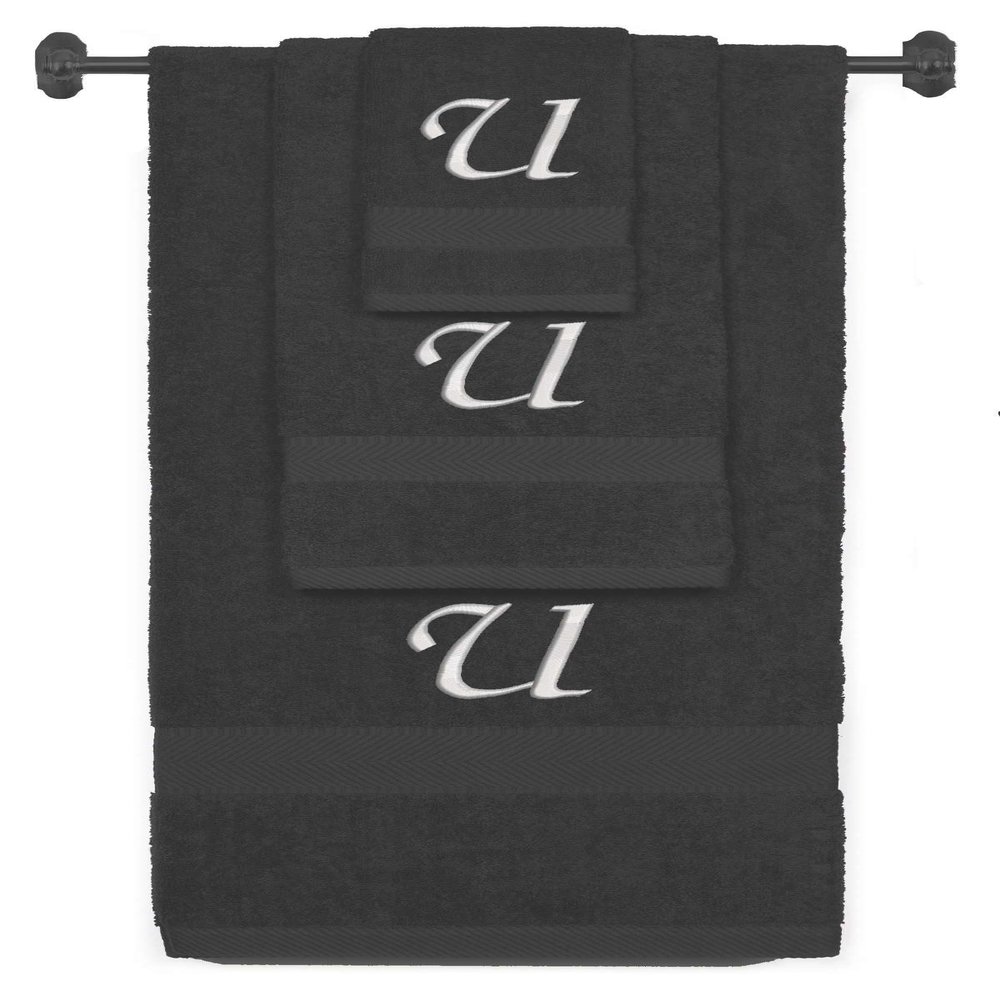 BY LORA Custom Embroidered Terry Cotton Ring Spun Bath Towel, Hand Towel and Washcloth Set - Charcoal Towel Set, Silver Chancery Initial U