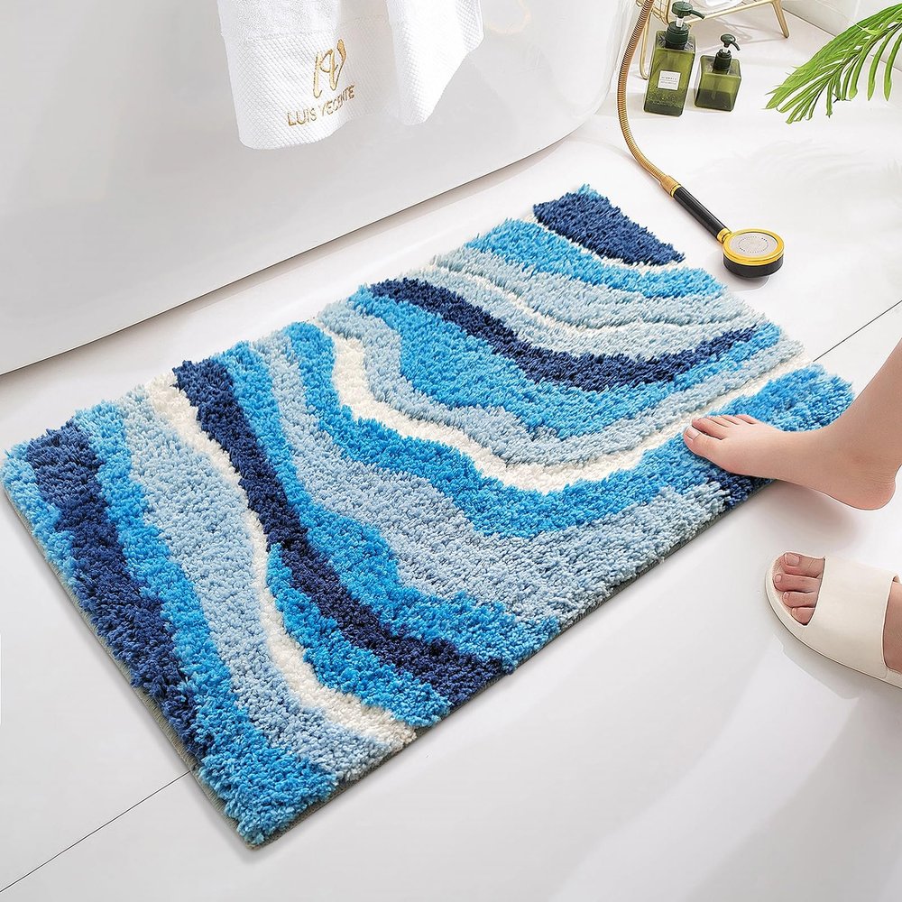 FJMCOZY Cute Blue Bath Mat - Soft Fluffy Ultra-Absorbent Non Slip Washable Bath Mat for Floor Tub & Shower, 24x16inch