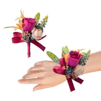 Pink Wedding Wrist Corsage Boutonniere Set for Bride Bridesmaid Groom Groomsmen Parents Wrist Corsage Hand Flower Lapel Pin Button Hole Flower for Prom Homecoming Tea Party Formal Dinner, Style B