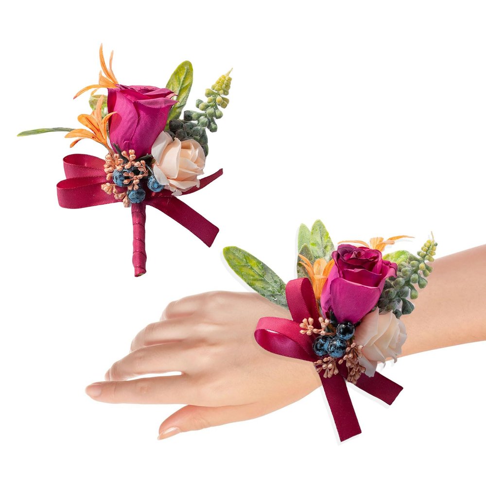 Pink Wedding Wrist Corsage Boutonniere Set for Bride Bridesmaid Groom Groomsmen Parents Wrist Corsage Hand Flower Lapel Pin Button Hole Flower for Prom Homecoming Tea Party Formal Dinner, Style B