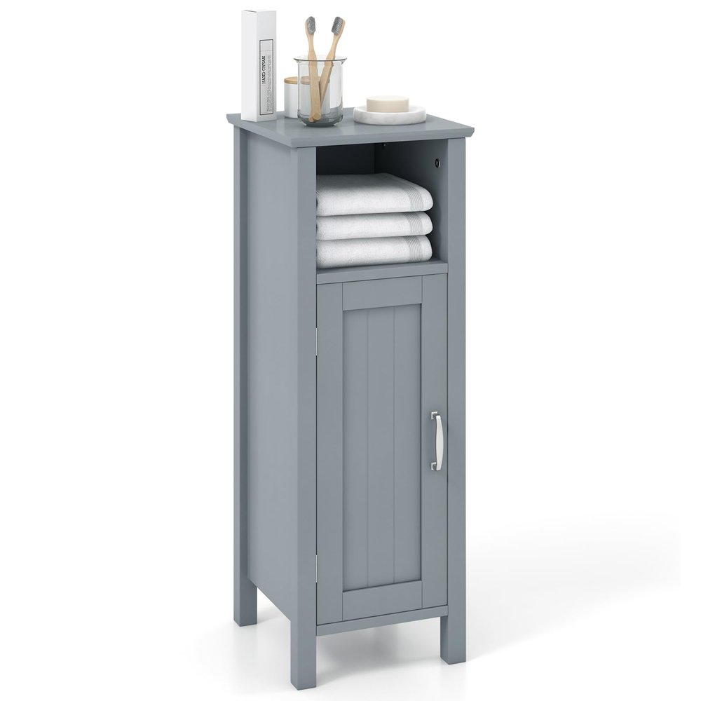 LOKO Bathroom Floor Cabinet, Single Door Storage Organizer with Open Compartment & Adjustable Shelf, Modern Storage Cabinet for Bathroom, Living Room, Study, Kitchen (Gray)