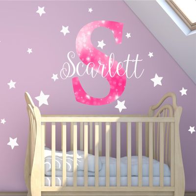 Girls Nursery Shimmer Rainbow Printed Initial and Stars Custom Personalized Name and Initial Kids Vinyl Wall Decal, Wall Sticker Decor for Babies (Multi-Size Choices). (Hot Pink Twinkle Star)