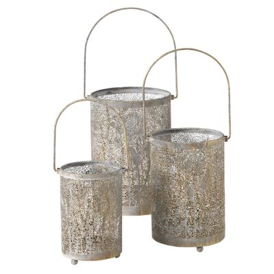 3 Piece Intricate Hurricane Candle Lanterns, Romantic Leaf Lattice Work, Gold Finished Metal, Grey Patina, 7.5 Inches