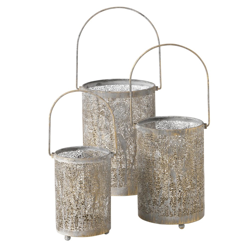 3 Piece Intricate Hurricane Candle Lanterns, Romantic Leaf Lattice Work, Gold Finished Metal, Grey Patina, 7.5 Inches