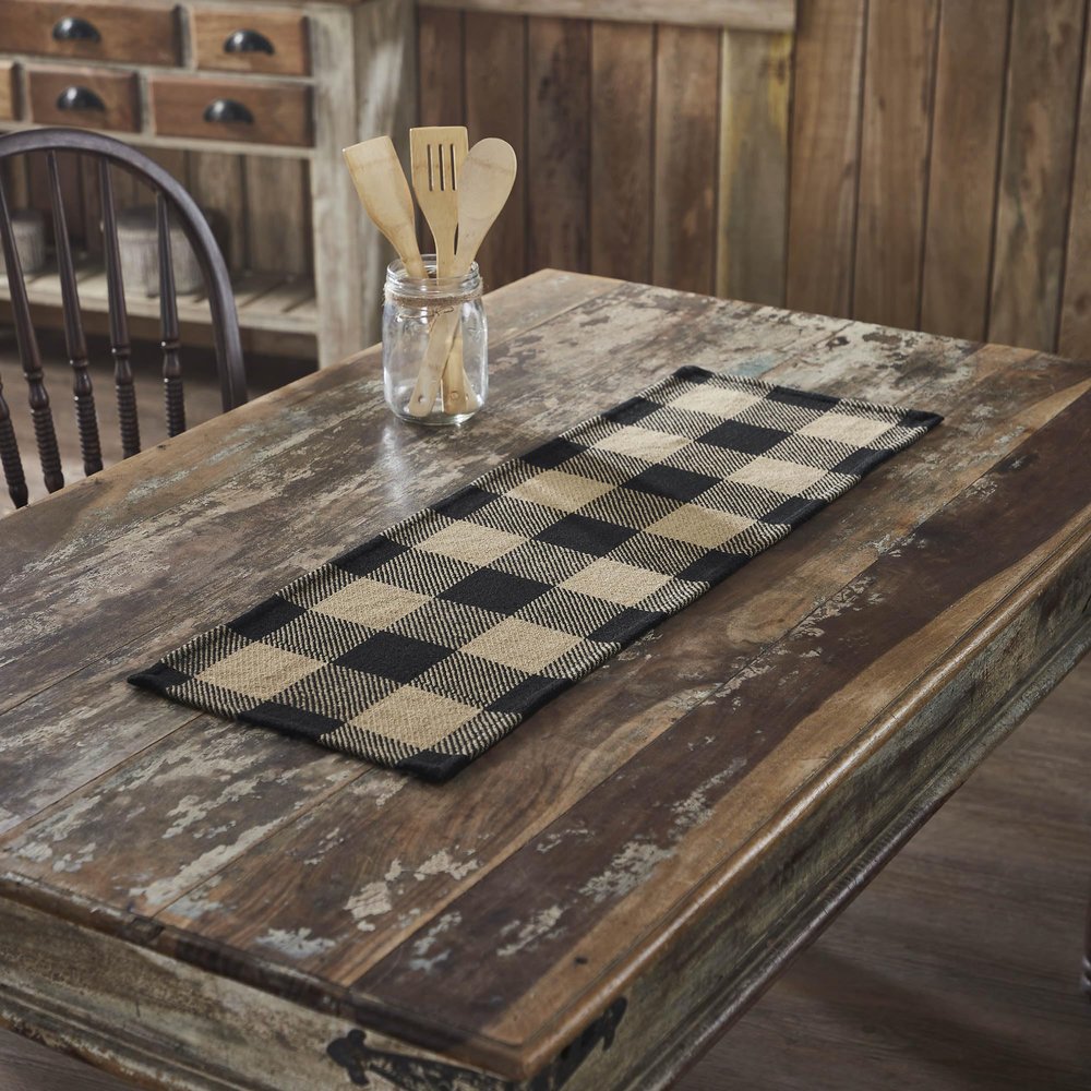 VHC Brands Runner 12x36, Cotton Dining Room, Kitchen Table Runner, Country Farmhouse Style, Black Check Collection, Rectangle 12x36, Country Black