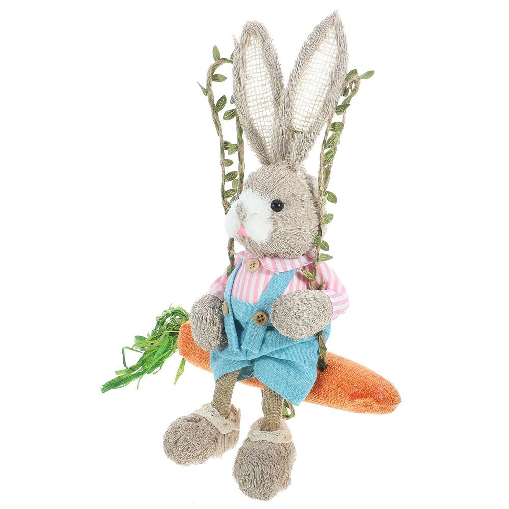 PRETYZOOM Garden Bunny Swing Figurine Adorable Statue for Outdoor Decor Straw Cloth Material for Backyard Landscape Cute Easter Garden Adornment