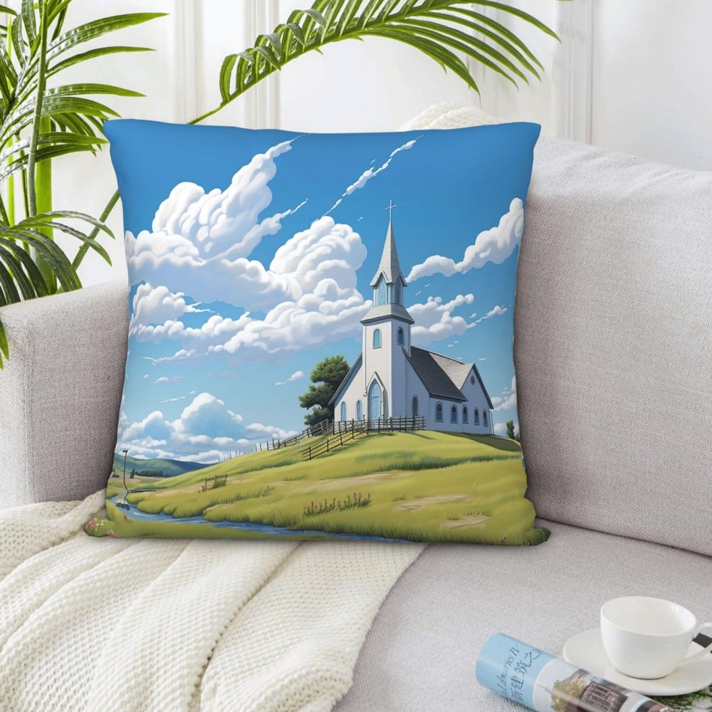 VTCTOASY Decorative Throw Pillow Covers 20"x20" Square Pillow Covers Church on The Prairie Throw Pillow Cover for Sofa Double Sided Plush Pillow Case Cushion Case for Living Room