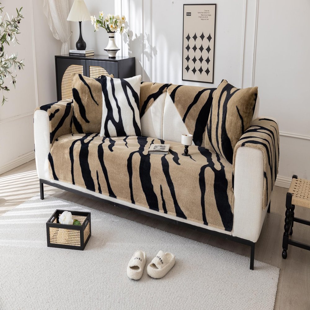 Huierxun Luxury Zebra-Print Rabbit Thick Sofa Cover Super Soft Plush Sectional Couch Cover Fluffy Fuzzy Anti-Slip Sofa Slipcovers Furniture Protector for Dogs Cats Pet (Coffee,28"x82")