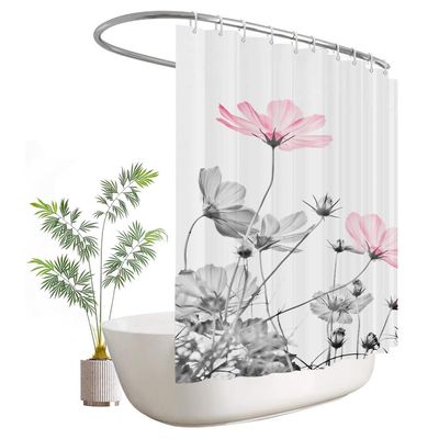 Kikiry Extra Wide Shower Curtain 108''W x 72''L Clawfoot Tub Wrap Around Pink Gray Daisy Floral Flower Elegant Wildflower Bathroom Curtains Accessories Polyester Fabric Waterproof 18 Pack Hooks