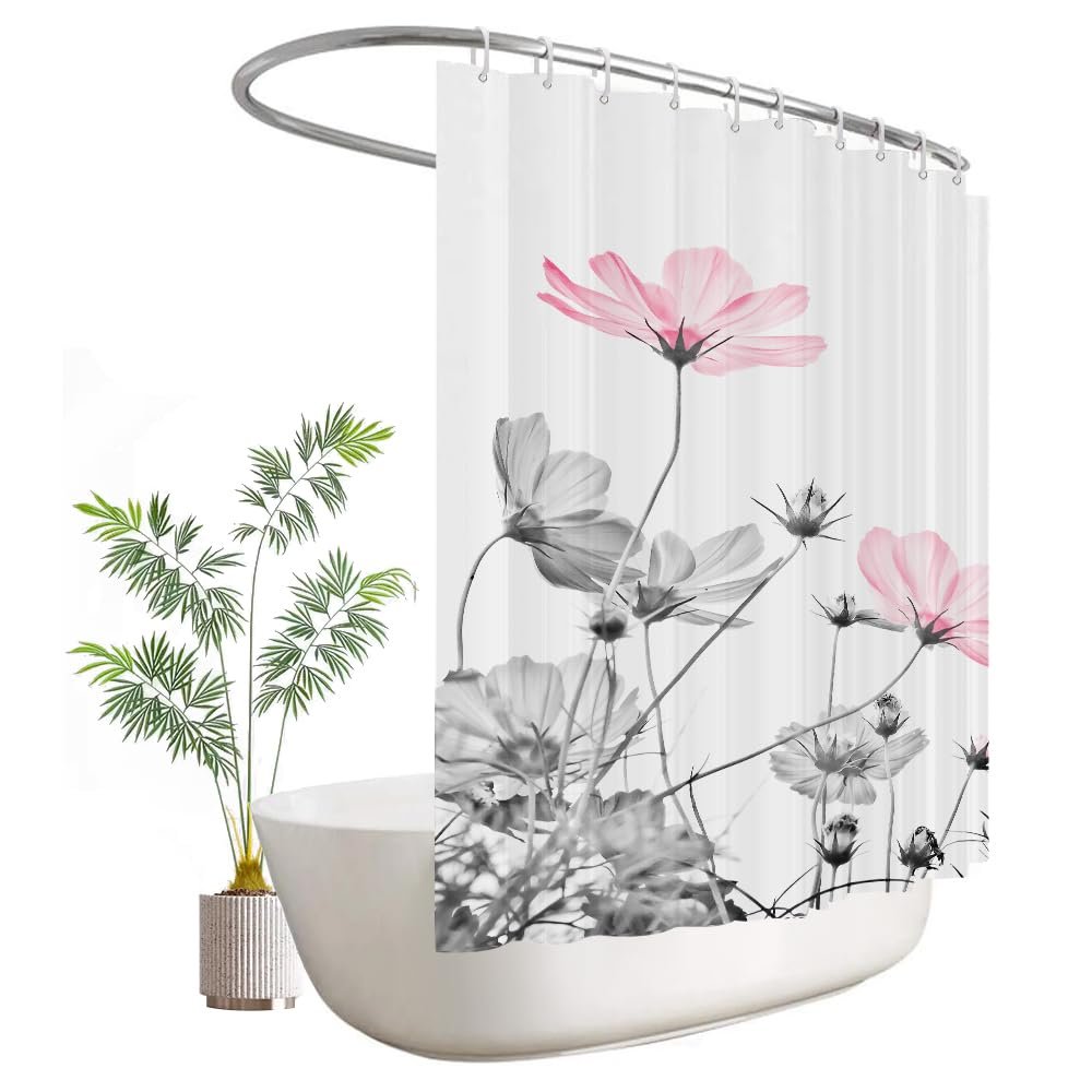 Kikiry Extra Wide Shower Curtain 108''W x 72''L Clawfoot Tub Wrap Around Pink Gray Daisy Floral Flower Elegant Wildflower Bathroom Curtains Accessories Polyester Fabric Waterproof 18 Pack Hooks