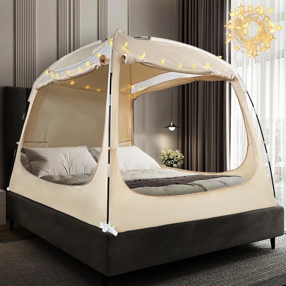 RIYDH Bed Tent Bed Canopy Breathable 100% for Adult and Kids- Original Design Light Reduction 93% Sleeping Dream Tents Indoor Portable Big Space with String Light 3 Doors Twin Full Queen King Size