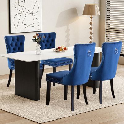 SoarTalent Velvet Upholstered Dining Chairs Set of 4, Modern Style Kitchen Side Chairs with Nailhead Trim and Wood Legs,Metal Pulling Ring for Dining Room Living Room(Blue,Set of 4)