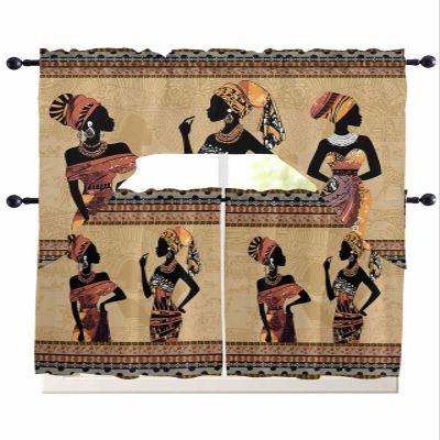 African Woman Swag Curtains Valance Tier Set, Rod Pocket Curtain Drapes for Bedroom Kitchen Curtains Over Sink Ethinic Boho Traditional Tribal Brown Illustraction Swag Valances 36 inches Tiers