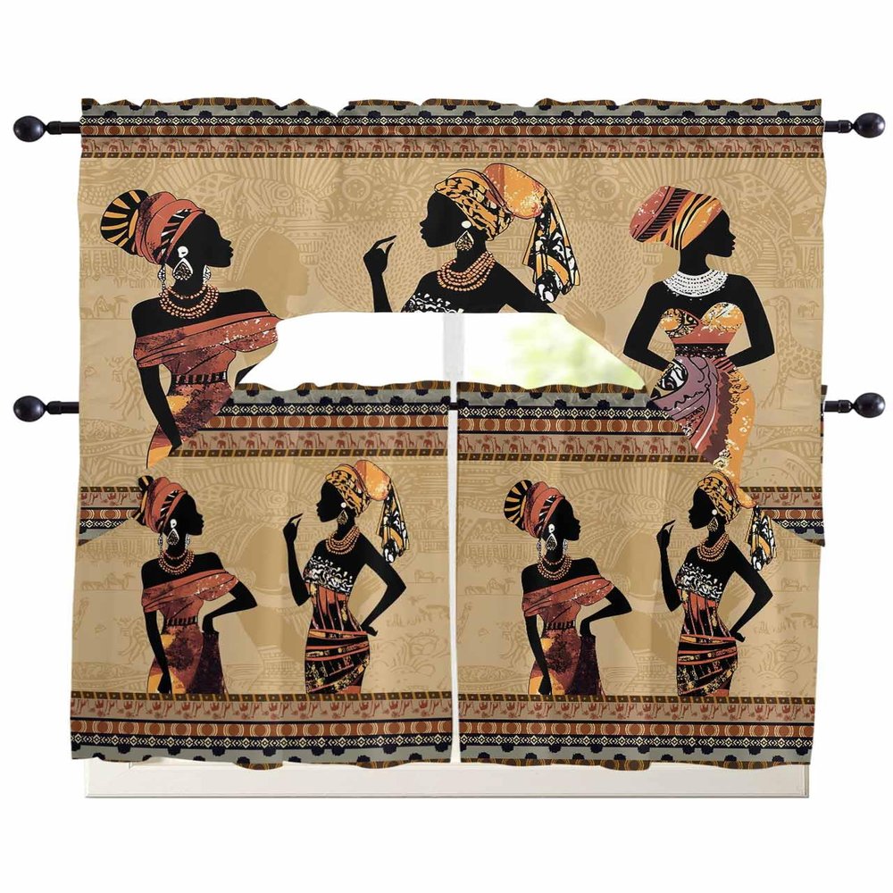 African Woman Swag Curtains Valance Tier Set, Rod Pocket Curtain Drapes for Bedroom Kitchen Curtains Over Sink Ethinic Boho Traditional Tribal Brown Illustraction Swag Valances 36 inches Tiers