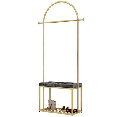 HomeLoft Basics Coat Rack with Shoe Bench Furniture Iron Hall Tree Storage Organizer for Entryway with Soft Cushion 4 in 1 Design 2 Hooks (Color : Gold, Size : 69 * 35 * 190cm) (Gold 69 * 35 * 190cm)