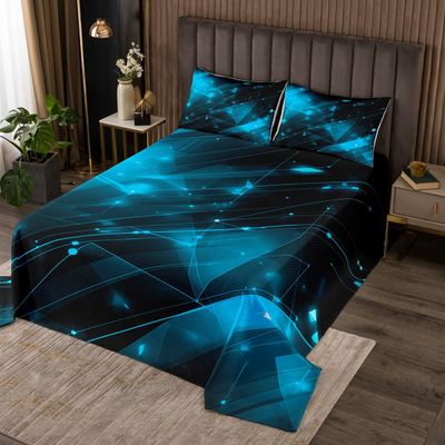 Abstract Lines Bedspread Queen Size,Geometric Stripes Art Modern Coverlet Set,Boys Girls Adults Room Decor,Geometric Ombre Quilted Coverlet,Blue Bedding Quilt,2 Pillowcases