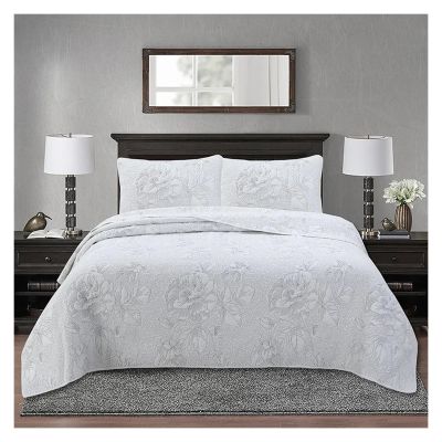 ADovz 100% Cotton Quilted Bedspread Plain Color Floral Embroidery Quilt Set King Queen Size 3PCS Coverlet Pillowcases Summer Blanket,Bed Sheets, FH-762