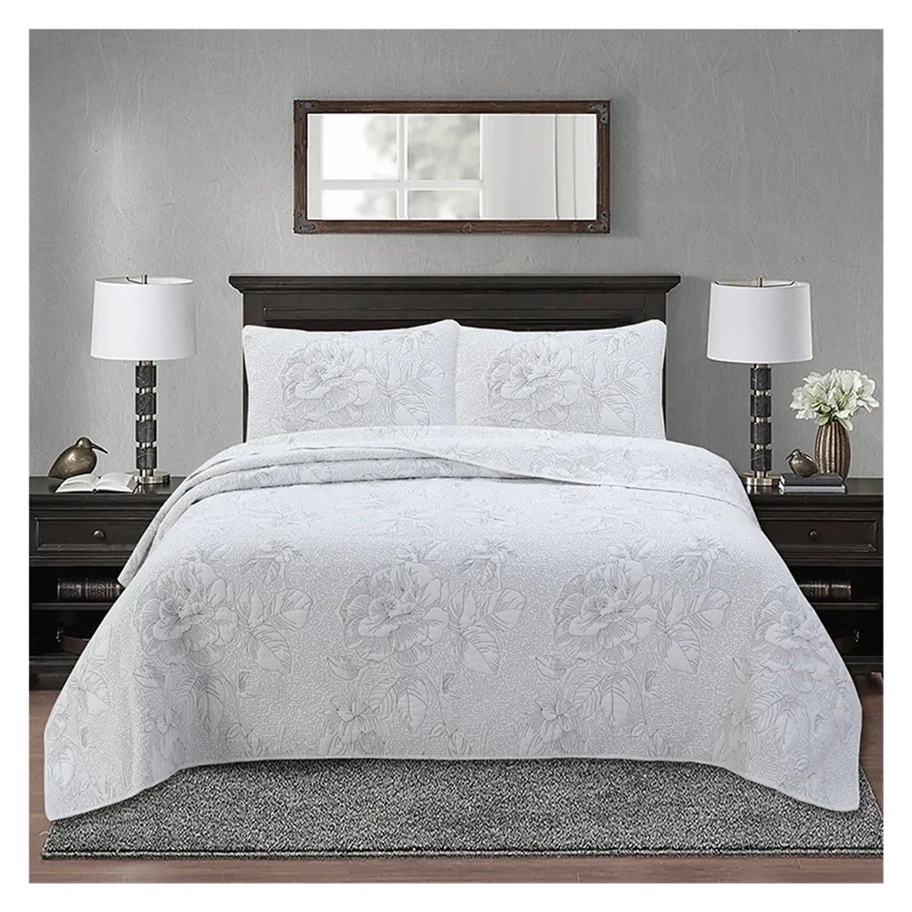 ADovz 100% Cotton Quilted Bedspread Plain Color Floral Embroidery Quilt Set King Queen Size 3PCS Coverlet Pillowcases Summer Blanket,Bed Sheets, FH-762