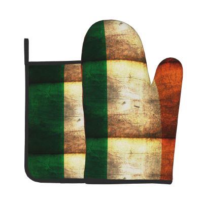 Jbyjbx Irish Flag Print Oven Mitts and Pot Holders Gloves Set for Kitchen Baking Grilling 7.2"X11"BBQ