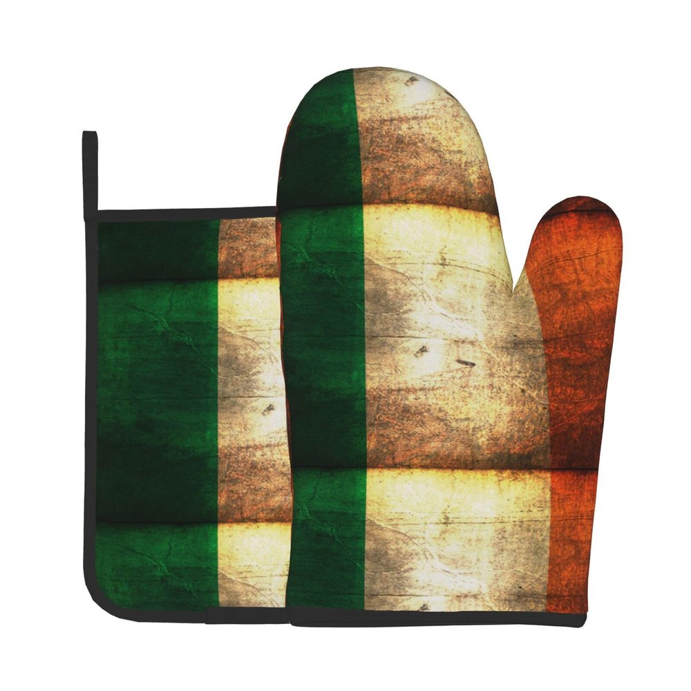 Jbyjbx Irish Flag Print Oven Mitts and Pot Holders Gloves Set for Kitchen Baking Grilling 7.2"X11"BBQ