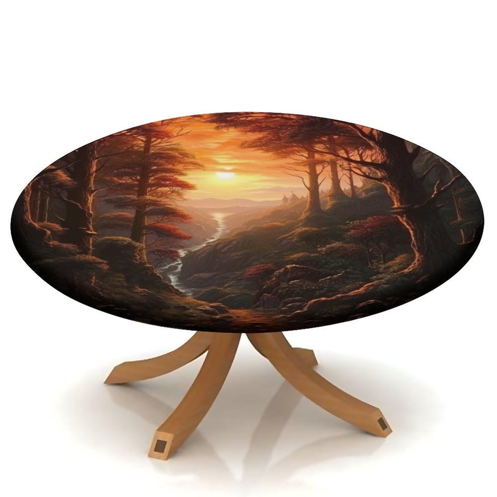 Barsada Sunset and Forest Orange Print Elastic Edged Round Tablecloth, Waterproof Oil-Proof Table Cover, for Indoor Kitchen Dinning Room Fit for 60"" Table, GQ-SBZB-2402Lia1513-D170