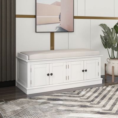 DESIGNER97 Storage Bench with 4 Doors and Adjustable Shelves, Shoe Bench with Removable Cushion for Living Room, Entryway 42.7" L x 16" W x 17.4" H (White)