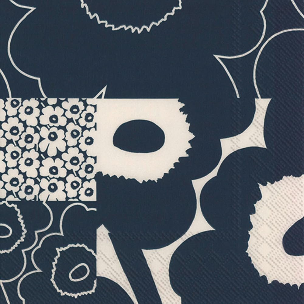 IHR Ideal Home Range Party Napkins Marimekko Disposable 3-Ply Paper Lunch Napkin Pack, 6.5" x 6.5", Unikko Kollaasi (Dark Blue), 20-Count