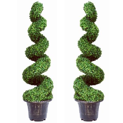 BECOMFORT 4 FT Artificial Boxwood Spiral Topiary Tree 2 Pack, Faux Outdoor Trees for Porch, Cement Pot, Real Rattan, Sun-Proof Potted Spiral Green Plants for Home Office Shop Decor (Pack of 2)