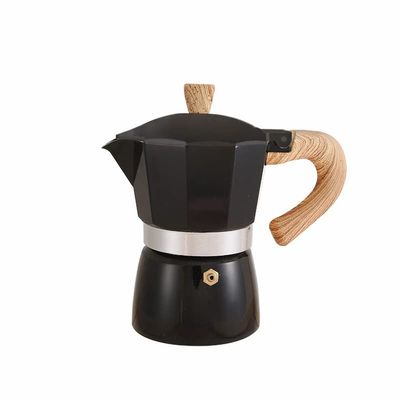 10 Oz Italian Coffee Maker, Portable Cuban Coffee Maker with Heat Resistant Wooden Handle 6 Cup Aluminium Stovetop Camping Coffee Pot(150ML-Black)
