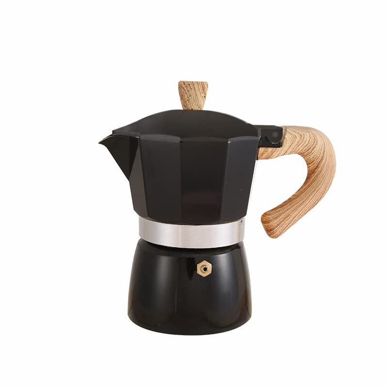 10 Oz Italian Coffee Maker, Portable Cuban Coffee Maker with Heat Resistant Wooden Handle 6 Cup Aluminium Stovetop Camping Coffee Pot(150ML-Black)