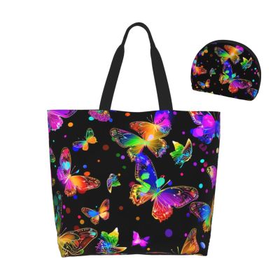 GTEVUTS Cute Colorful Butterfly Grocery Tote Bag with Handles Pocket- Large Reusable Beach Tote Stylish Shoulder Bag Portable Washable Shopping Bag for Travel Outdoor Gym (with Zipper Coin Purse)