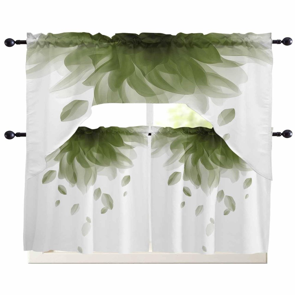 Abstract Sage Green Floral Swag Curtains Valance Tier Set, Rod Pocket Curtain Drapes for Bedroom Kitchen Curtains Over Sink 3 Piece Set Minimalism Art Watercolor Printed Swag Valances 24 inches Tiers