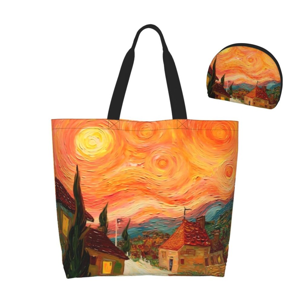 GTEVUTS Country Starry Oil Painting Grocery Tote Bag with Handles Pocket-Aesthetic Large Beach Tote Shoulder Bag -Reusable Heavy Duty Shopping Bag for Travel Outdoor Work (with Zipper Coin Purse)