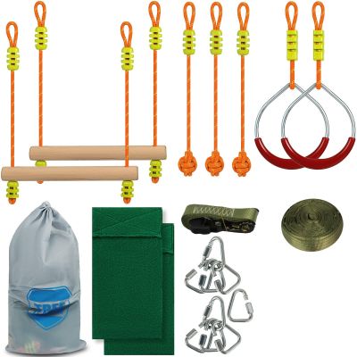 Popular Sports Ninja Line 36ft Monkey Bar Kit with 7 Hanging Obstacles Slackers Safety Clips Durable Material for Park Anyplace (Color : 56ft) (56ft)