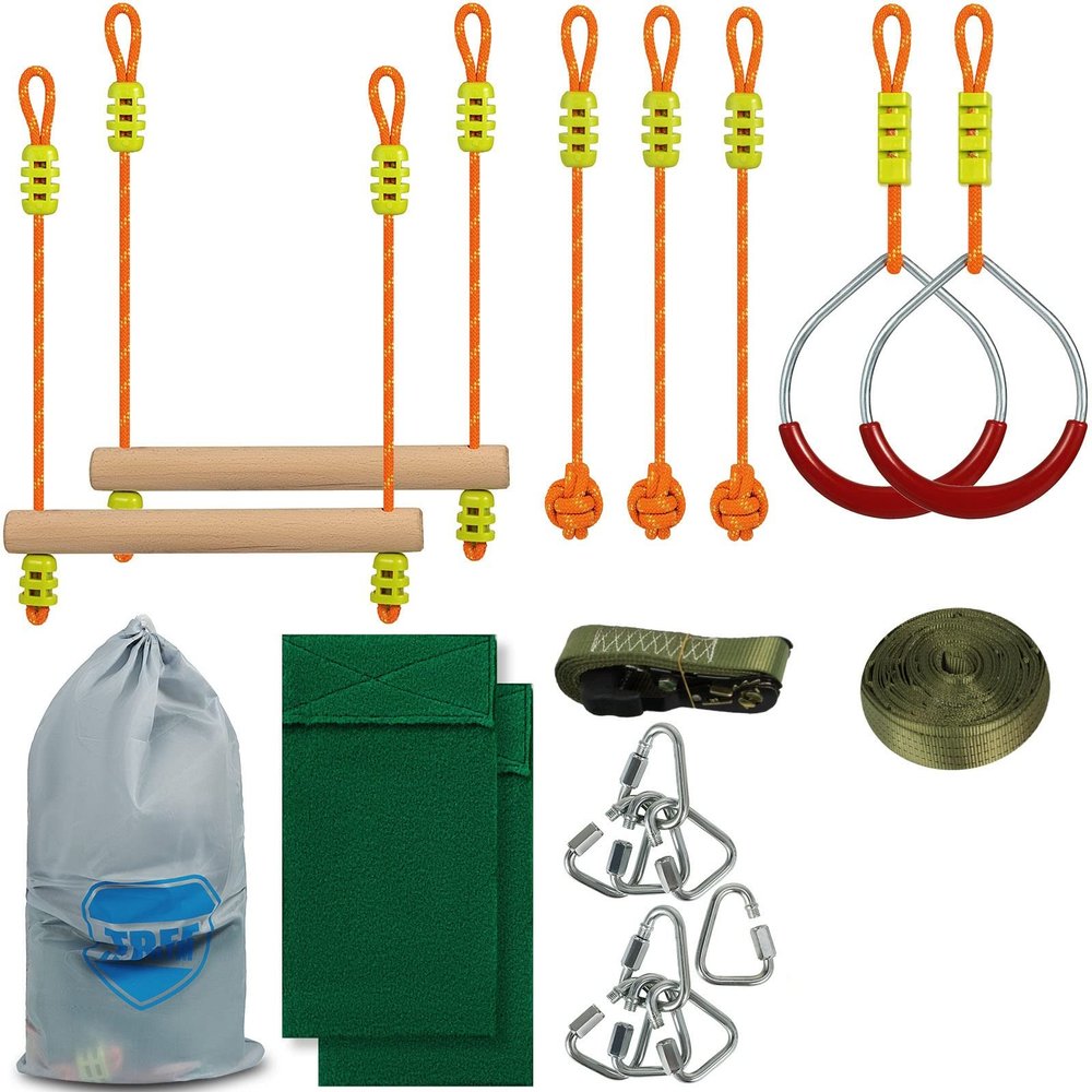 Popular Sports Ninja Line 36ft Monkey Bar Kit with 7 Hanging Obstacles Slackers Safety Clips Durable Material for Park Anyplace (Color : 56ft) (56ft)
